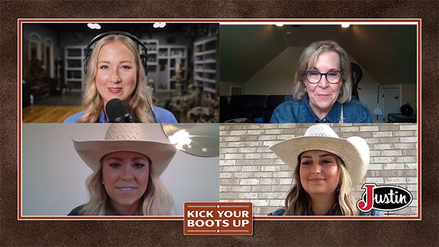 Four women talking to each other via Zoom, smiling at the camera.